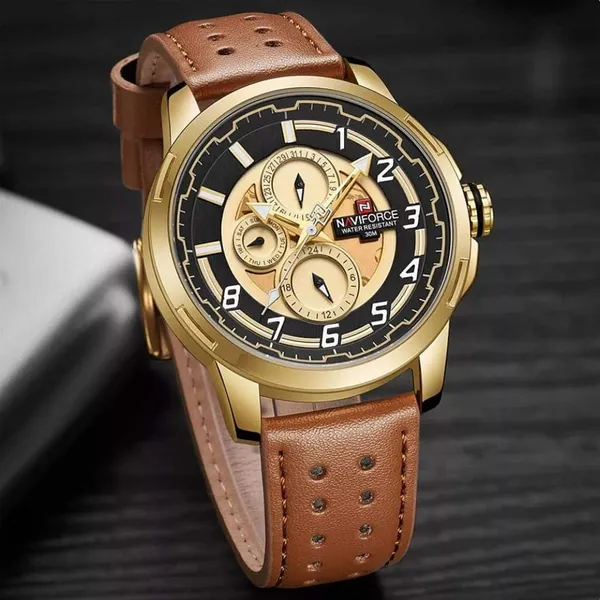 NAVIFORCE NF9142 PU Leather Chronograph Men's Watch – Dial Color: Gold, Strap Color: Brown – View 3