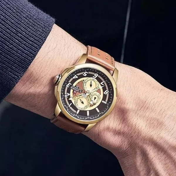 NAVIFORCE NF9142 PU Leather Chronograph Men's Watch – Dial Color: Gold, Strap Color: Brown – View 4