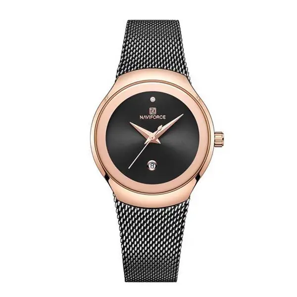 Naviforce NF5004 Milanese Mesh Strap Waterproof Versatile Ultra Thin Women's watch – Dial Color: Black, Strap Color: Black – View 1
