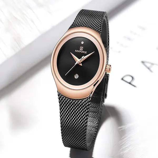 Naviforce NF5004 Milanese Mesh Strap Waterproof Versatile Ultra Thin Women's watch – Dial Color: Black, Strap Color: Black – View 2