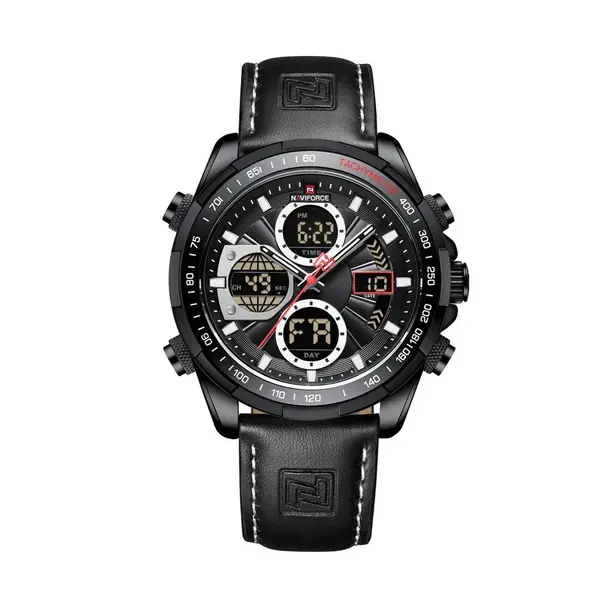 Naviforce NF9197L Comfortable Genuine Leather Strap Dual Display Sport Men's Watch – Dial Color: Black, Strap Color: Black – View 1