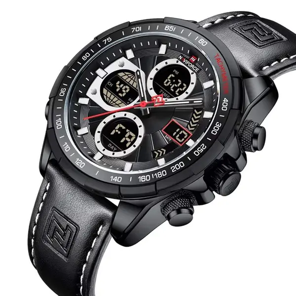 Naviforce NF9197L Comfortable Genuine Leather Strap Dual Display Sport Men's Watch – Dial Color: Black, Strap Color: Black – View 3