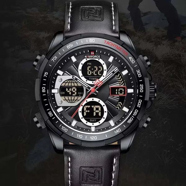 Naviforce NF9197L Comfortable Genuine Leather Strap Dual Display Sport Men's Watch – Dial Color: Black, Strap Color: Black – View 4
