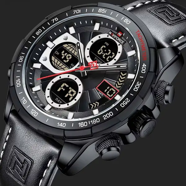 Naviforce NF9197L Comfortable Genuine Leather Strap Dual Display Sport Men's Watch – Dial Color: Black, Strap Color: Black – View 5
