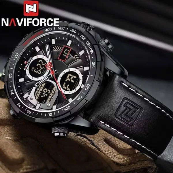 Naviforce NF9197L Comfortable Genuine Leather Strap Dual Display Sport Men's Watch – Dial Color: Black, Strap Color: Black – View 6