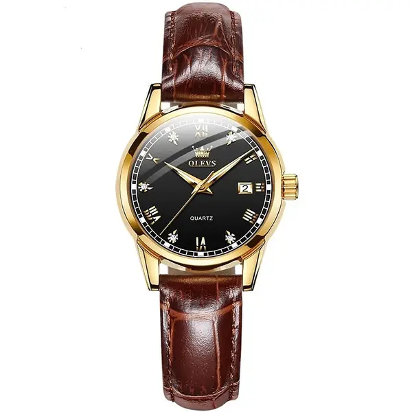OLEVS 6896 Business Leather Strap Diamond Studded Gold Dial Waterproof Analog Wristwatch  – Dial Color: Black Gold, Strap Color:  Brown  – View 3