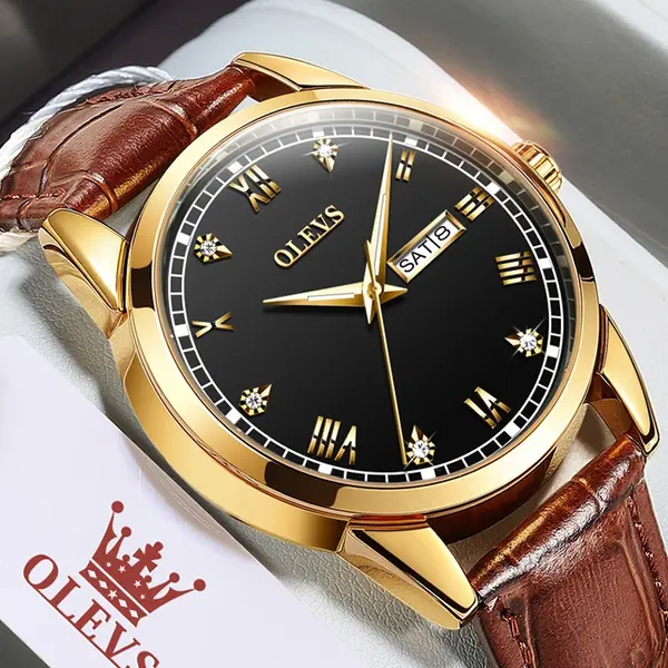 OLEVS 6896 Business Leather Strap Diamond Studded Gold Dial Waterproof Analog Wristwatch  – Dial Color: Black Gold, Strap Color:  Brown  – View 4