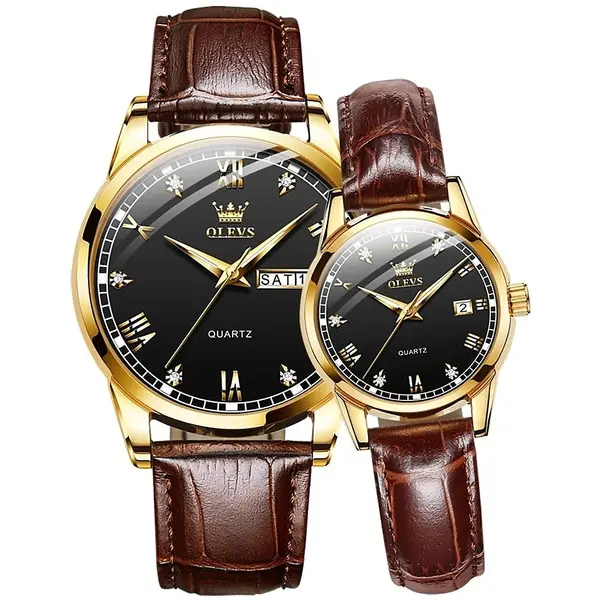 OLEVS 6896 Business Leather Strap Diamond Studded Gold Dial Waterproof Analog Wristwatch  – Dial Color: Black Gold, Strap Color:  Brown  – View 2