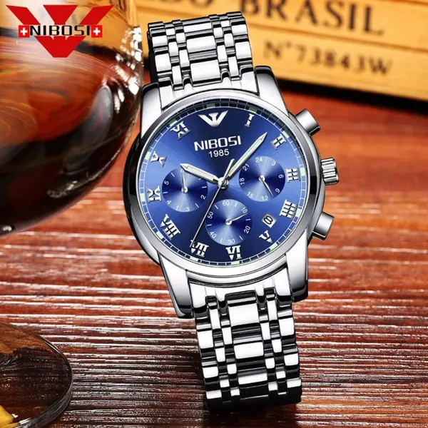 Nibosi 2301 High Quality Stainless Steel Chronograph Men's Watch – Dial Color: Blue, Strap Color: Black – View 3