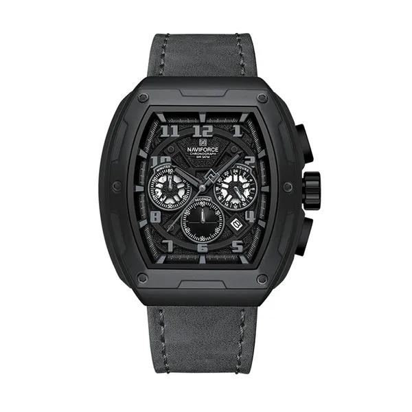 Naviforce 8053 High Quality Genuine Leather Straps Chronograph Men's Watch – Dial Color: Black, Strap Color: Black – View 1