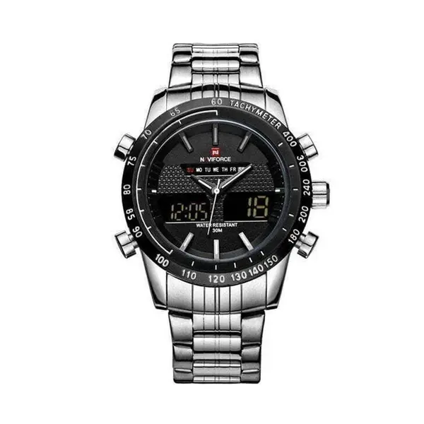 Naviforce NF9024 Luxury Stainnless Steel Dual Display Sport Men's Watch – Dial Color: Black, Strap Color: Silver – View 1