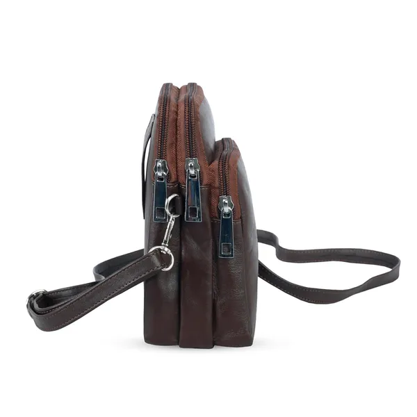 3 Chamber Unisex Leather Messenger Bag with Strip Belt – Color: Brown – View 3