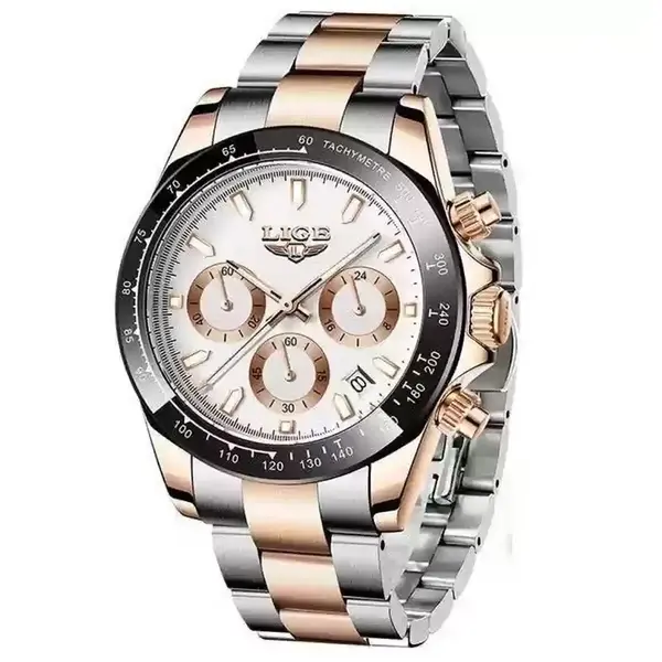 LIGE 8937 Premium Analog Stainless Steel Luxury Men's Watch – Dial Color: White, Strap Color: Rose – View 1