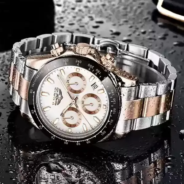 LIGE 8937 Premium Analog Stainless Steel Luxury Men's Watch – Dial Color: White, Strap Color: Rose – View 2
