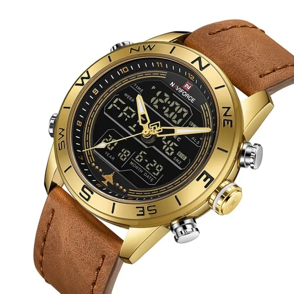 Naviforce NF9144 Luxurious Leather Waterproof Quartz Men's Watch – Dial Color: Gold, Strap Color:  Brown  – View 2