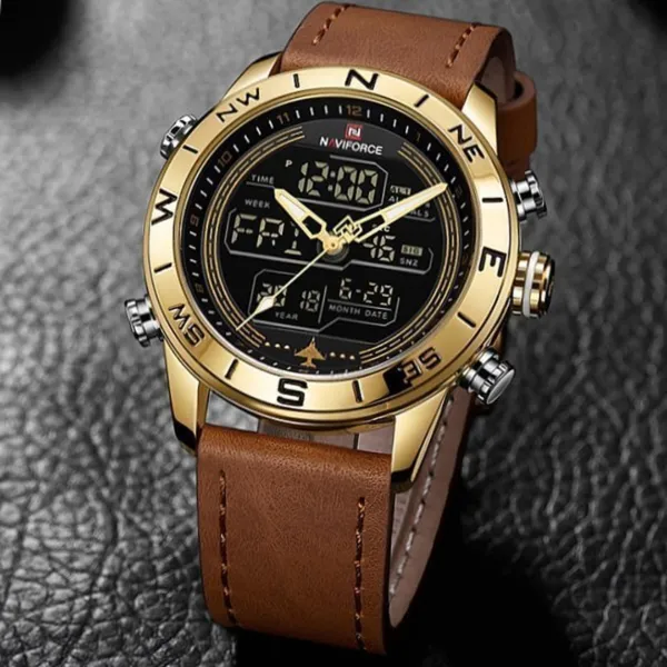 Naviforce NF9144 Luxurious Leather Waterproof Quartz Men's Watch – Dial Color: Gold, Strap Color:  Brown  – View 3