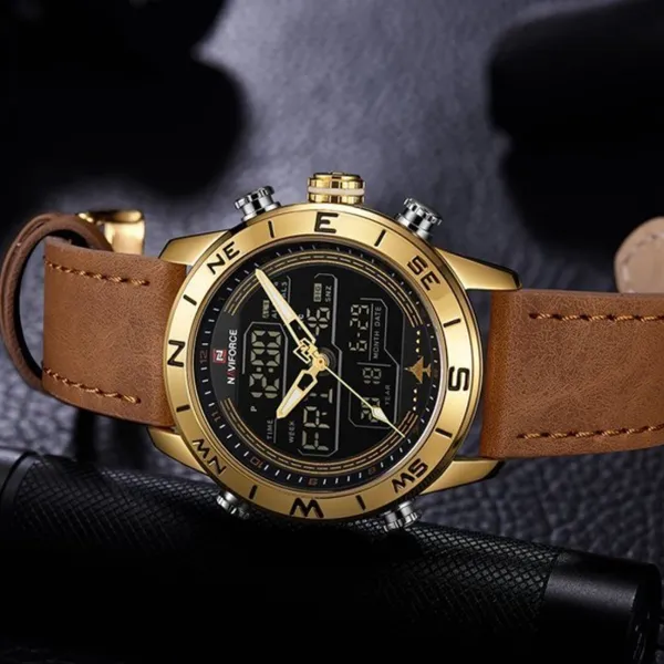Naviforce NF9144 Luxurious Leather Waterproof Quartz Men's Watch – Dial Color: Gold, Strap Color:  Brown  – View 5