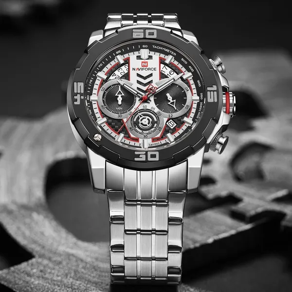 NAVIFORCE NF9175 Stainless Steel Chronograph Men's Watch – Dial Color: Silver, Strap Color: Silver – View 3