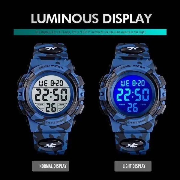 SKMEI 1548 Digital Camouflage PU Leather Luminous Sporty Kid's Watch – Dial Color: Black, Strap Color: Blue – View 3