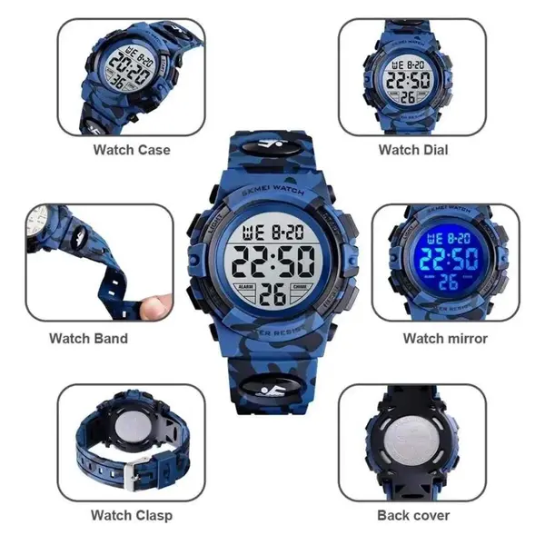 SKMEI 1548 Digital Camouflage PU Leather Luminous Sporty Kid's Watch – Dial Color: Black, Strap Color: Blue – View 4