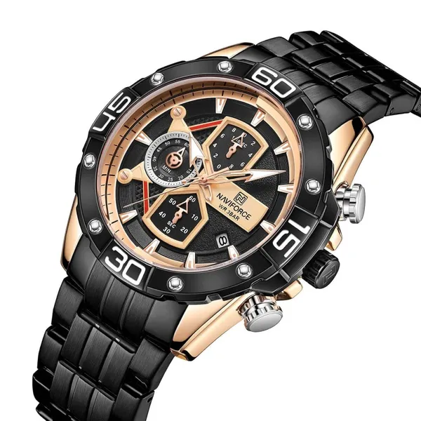 NAVIFORCE NF8018 Stainless Steel Chronograph Man's Watch – Dial Color: Rose, Strap Color: Black – View 2