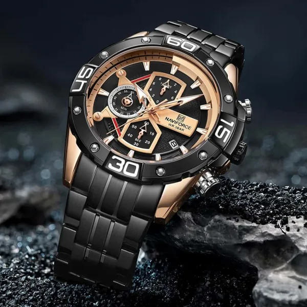 NAVIFORCE NF8018 Stainless Steel Chronograph Man's Watch – Dial Color: Rose, Strap Color: Black – View 3