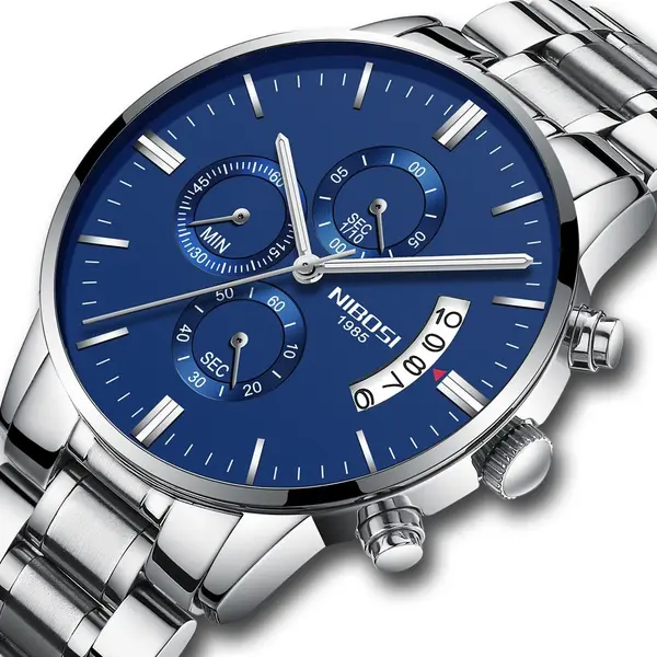 Nibosi 2353 High Quality Stainless Steel Analogue Men's Watch  – Dial Color: Blue, Strap Color: Silver – View 2