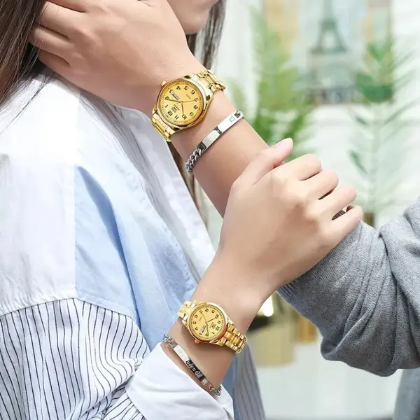 OLEVS 5567 Royal Stainless Steel Waterproof Chronograph Couple's Watch with Luminous – Dial Color: Gold, Strap Color: Gold  – View 3