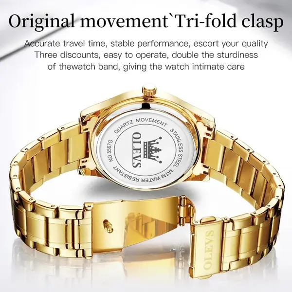 OLEVS 5567 Royal Stainless Steel Waterproof Chronograph Couple's Watch with Luminous – Dial Color: Gold, Strap Color: Gold  – View 4