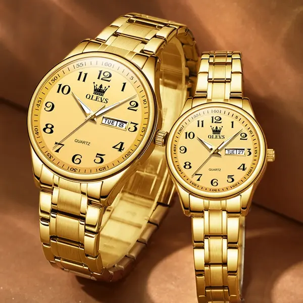 OLEVS 5567 Royal Stainless Steel Waterproof Chronograph Couple's Watch with Luminous – Dial Color: Gold, Strap Color: Gold  – View 8