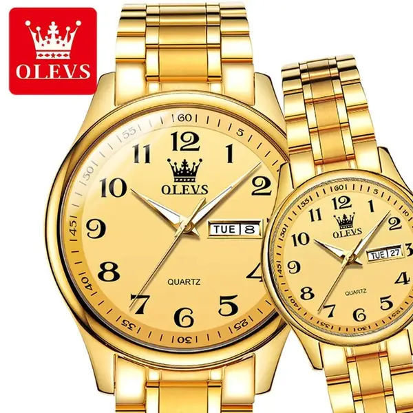 OLEVS 5567 Royal Stainless Steel Waterproof Chronograph Couple's Watch with Luminous – Dial Color: Gold, Strap Color: Gold  – View 5