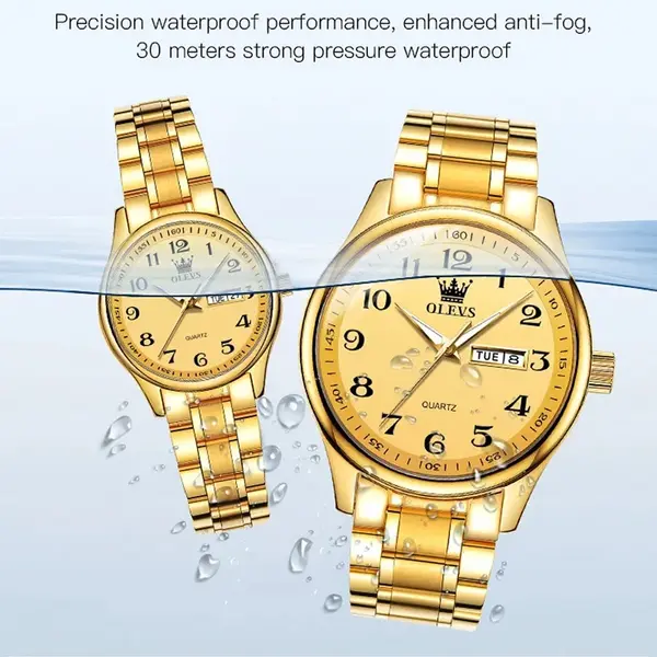 OLEVS 5567 Royal Stainless Steel Waterproof Chronograph Couple's Watch with Luminous – Dial Color: Gold, Strap Color: Gold  – View 9
