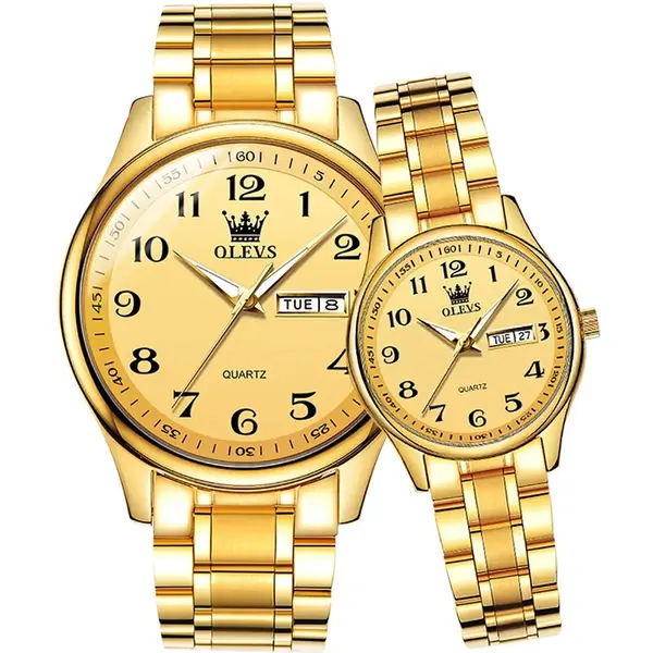 OLEVS 5567 Royal Stainless Steel Waterproof Chronograph Couple's Watch with Luminous – Dial Color: Gold, Strap Color: Gold  – View 1