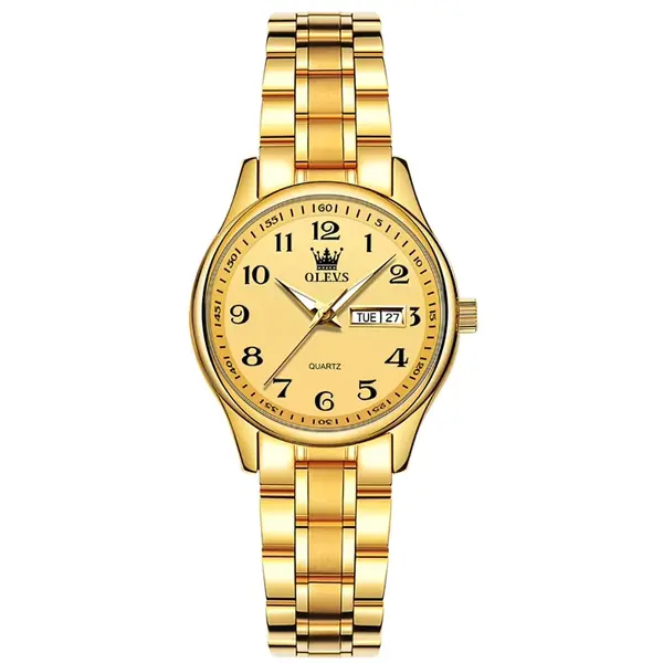 OLEVS 5567 Royal Stainless Steel Waterproof Chronograph Couple's Watch with Luminous – Dial Color: Gold, Strap Color: Gold  – View 10