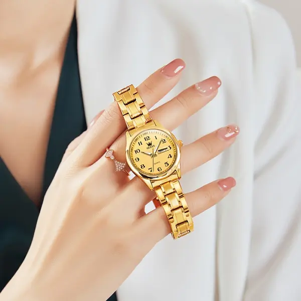OLEVS 5567 Royal Stainless Steel Waterproof Chronograph Couple's Watch with Luminous – Dial Color: Gold, Strap Color: Gold  – View 12
