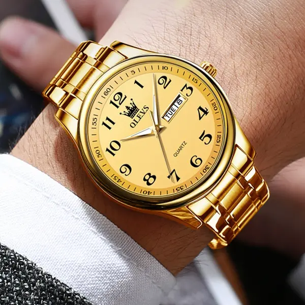OLEVS 5567 Royal Stainless Steel Waterproof Chronograph Couple's Watch with Luminous – Dial Color: Gold, Strap Color: Gold  – View 2
