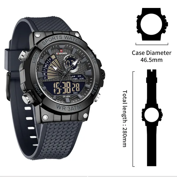 NAVIFORCE NF9219 Luxury Fashion Quartz Analog Digital Men's Watch – Dial Color: Black, Strap Color: Grey – View 5