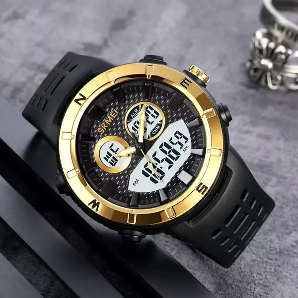 SKMEI 2014 Digital Analog Silicone Strap Waterproof Sporty Men's Watch – Dial Color: Gold, Strap Color: Black – View 2