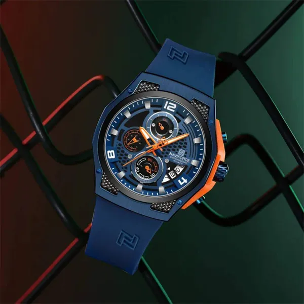 NAVIFORCE NF8051T Luxury Silicone Band Quartz Men's Watch – Dial Color: Blue, Strap Color: Blue – View 3