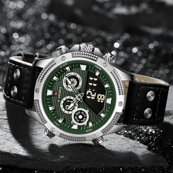 NAVIFORCE 9224 Chronograph Leather Men’s Watch – Dial Color: Green, Strap Color: Black – View 2