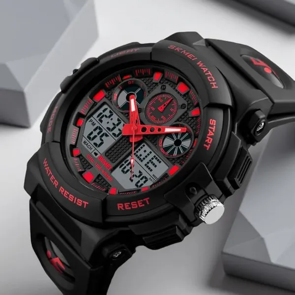 SKMEI 1270 Waterproof Digital Analog Multifunction Sports Men’s Watch – Dial Color: Red, Strap Color: Black – View 3