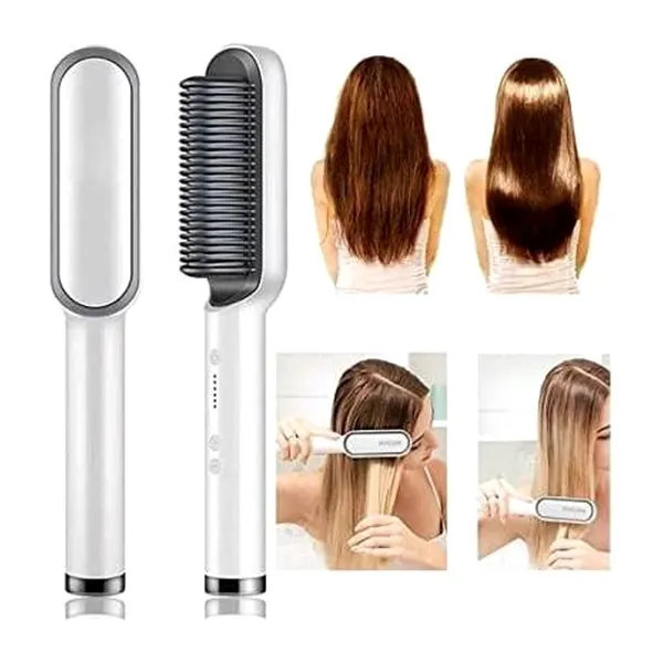 HQT-909B Comb Brush Hair Straightening Iron Built – Color: White – View 2