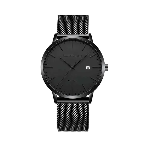 CRRJU 2172 High-Quality Slim Stainless Steel Strap Analog Quartz Formal Men’s Watch – Dial Color: Black, Strap Color: Black – View 1