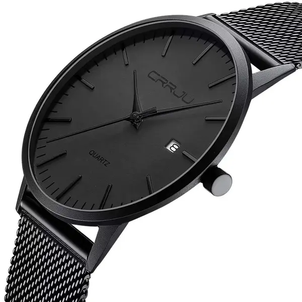 CRRJU 2172 High-Quality Slim Stainless Steel Strap Analog Quartz Formal Men’s Watch – Dial Color: Black, Strap Color: Black – View 2
