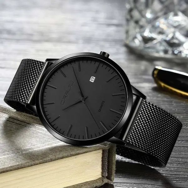 CRRJU 2172 High-Quality Slim Stainless Steel Strap Analog Quartz Formal Men’s Watch – Dial Color: Black, Strap Color: Black – View 3