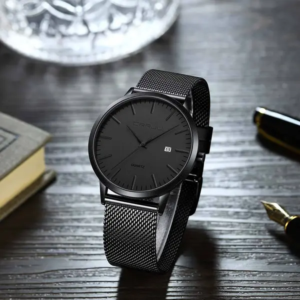 CRRJU 2172 High-Quality Slim Stainless Steel Strap Analog Quartz Formal Men’s Watch – Dial Color: Black, Strap Color: Black – View 4