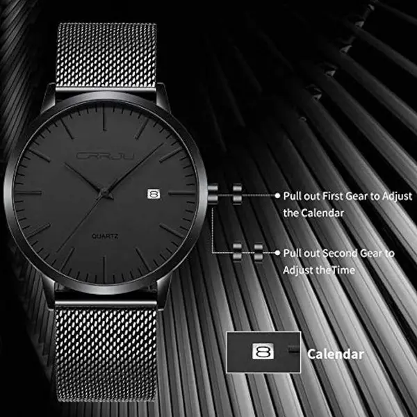 CRRJU 2172 High-Quality Slim Stainless Steel Strap Analog Quartz Formal Men’s Watch – Dial Color: Black, Strap Color: Black – View 8