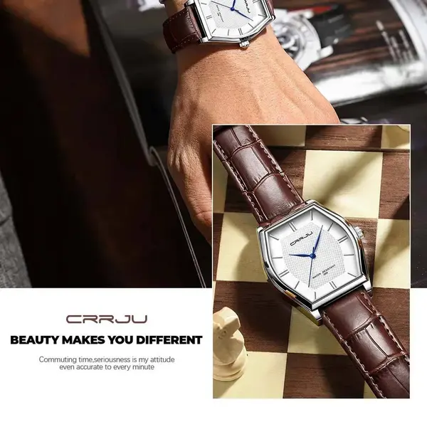 CRRJU 5020 Genuine Leather Strap Quartz Analog Luxury Redefined Men’s Fashion Watch – Dial Color: Silver, Strap Color:  Brown  – View 4