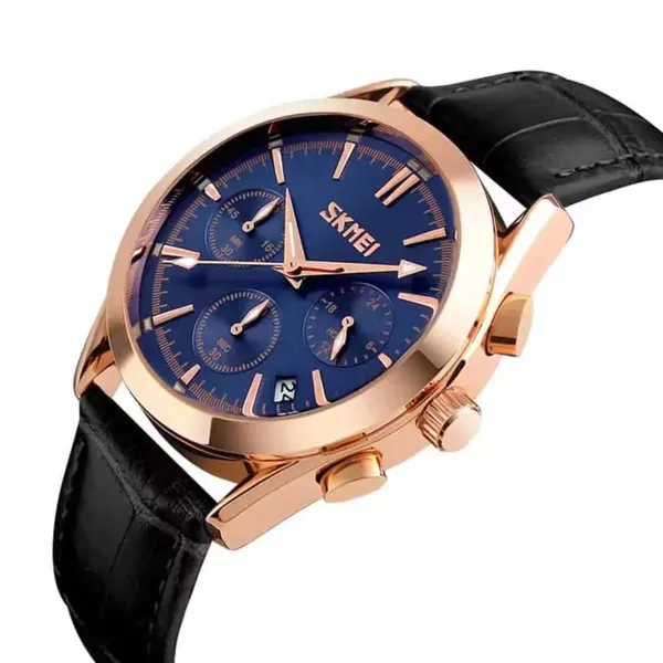 SKMEI 9127 Quartz Analog Leather Strap Casual Men's Watch – Dial Color: Blue, Strap Color: Black – View 2