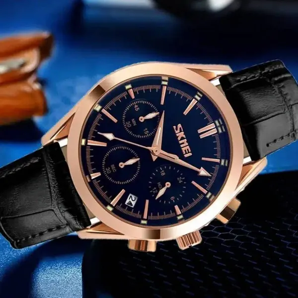 SKMEI 9127 Quartz Analog Leather Strap Casual Men's Watch – Dial Color: Blue, Strap Color: Black – View 3